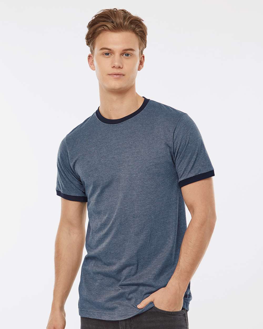 Tultex 246 Unisex Fine Jersey Ringer T-Shirt - Heather Denim/ Navy