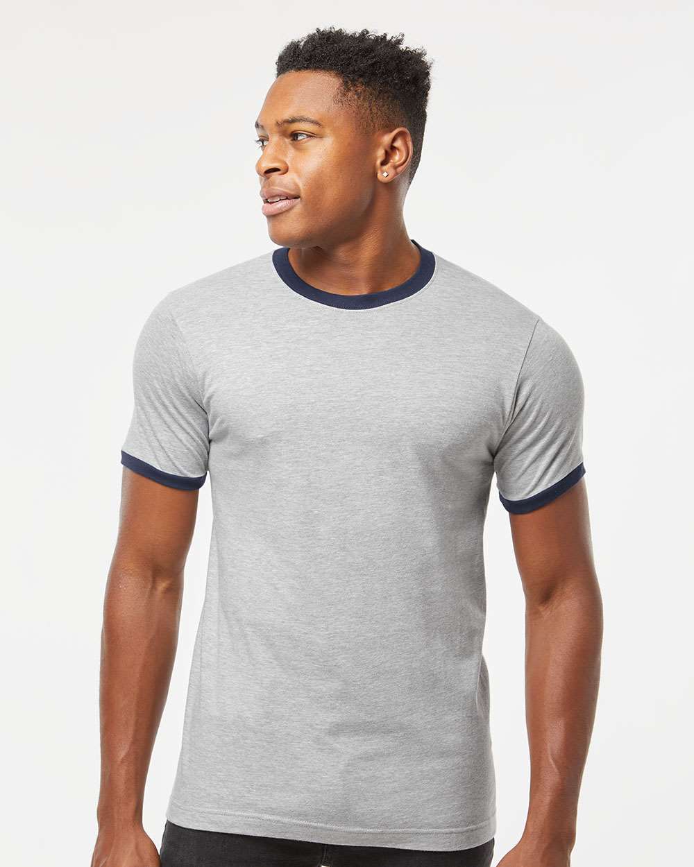 Tultex 246 Unisex Fine Jersey Ringer T-Shirt - Heather Grey/ Navy