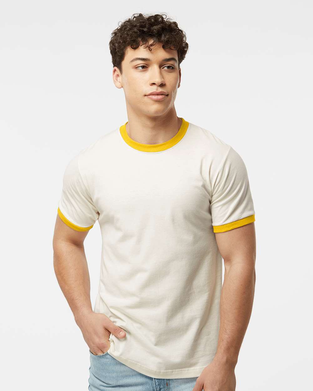 Tultex 246 Unisex Fine Jersey Ringer T-Shirt - Vintage White/ Mellow Yellow
