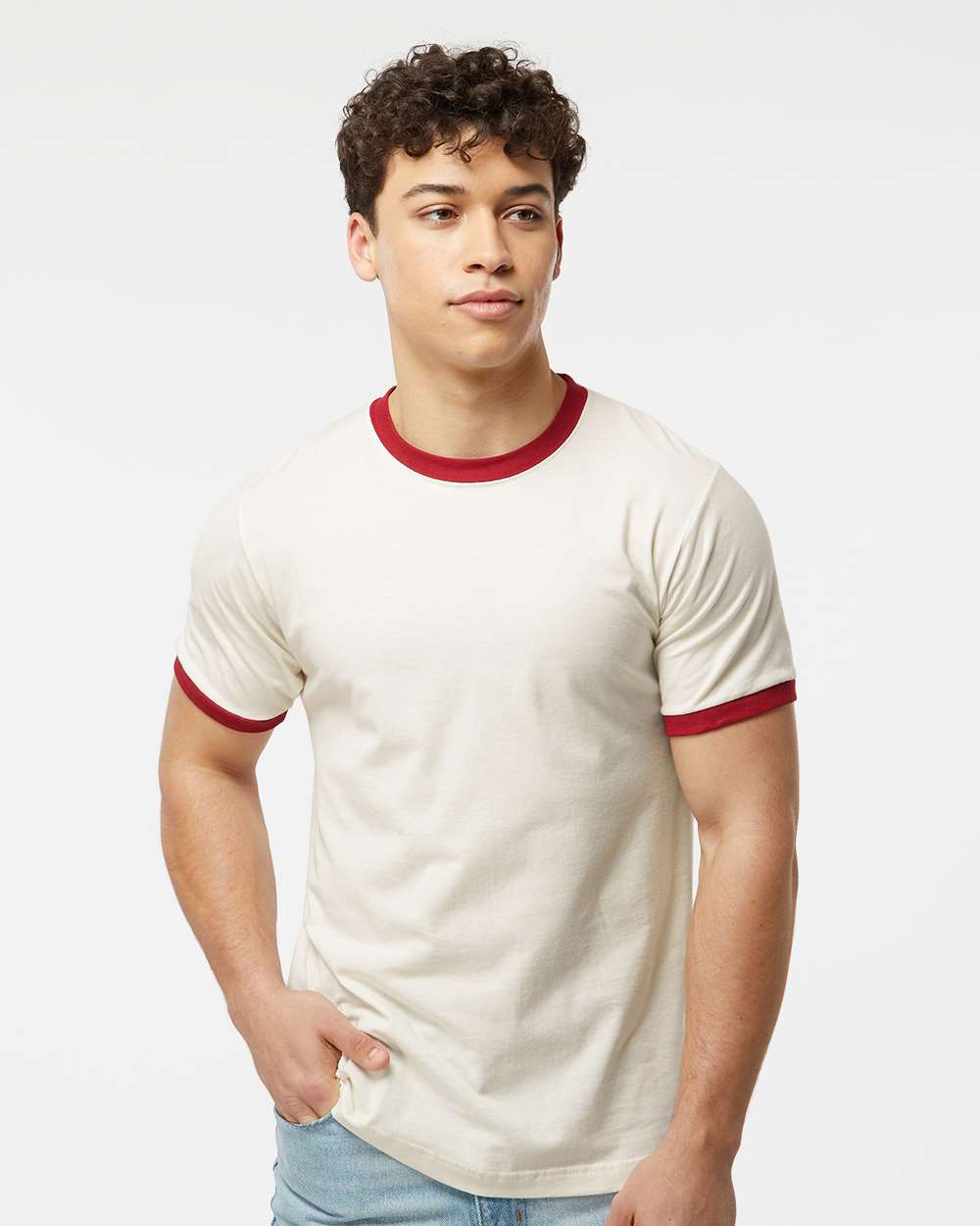 Tultex 246 Unisex Fine Jersey Ringer T-Shirt - Vintage White/ Rio Red