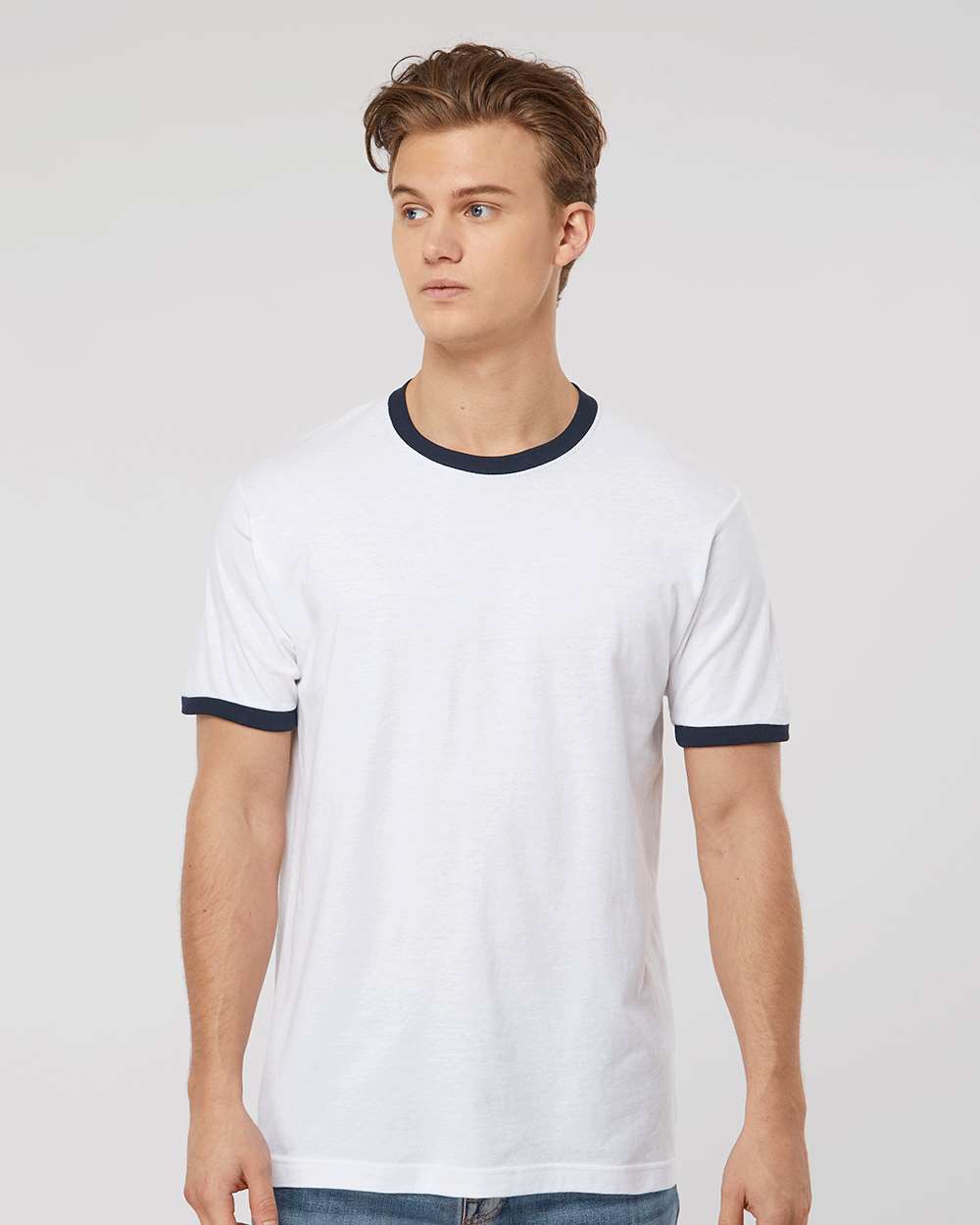 Tultex 246 Unisex Fine Jersey Ringer T-Shirt - White/ Navy