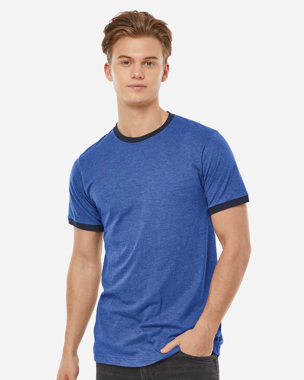 Tultex 246 Unisex Fine Jersey Ringer T-Shirt - Heather Royal/ Navy
